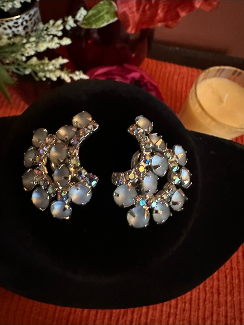 Vintage Silver-Tone Iridescent Cluster Clip Earrings